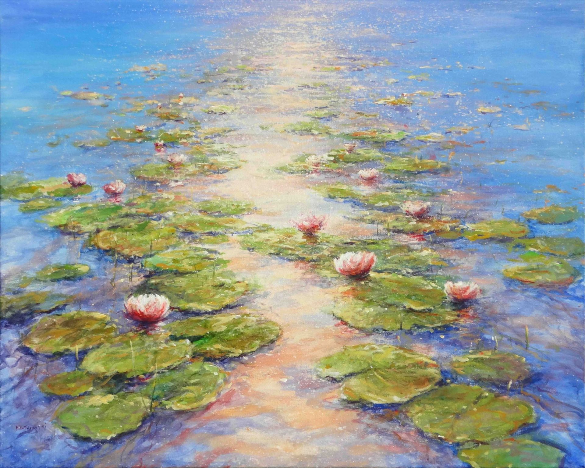 painting of water lilies on a shimmering pond with reflections of blue sky and golden light by Mariusz Kaldowski