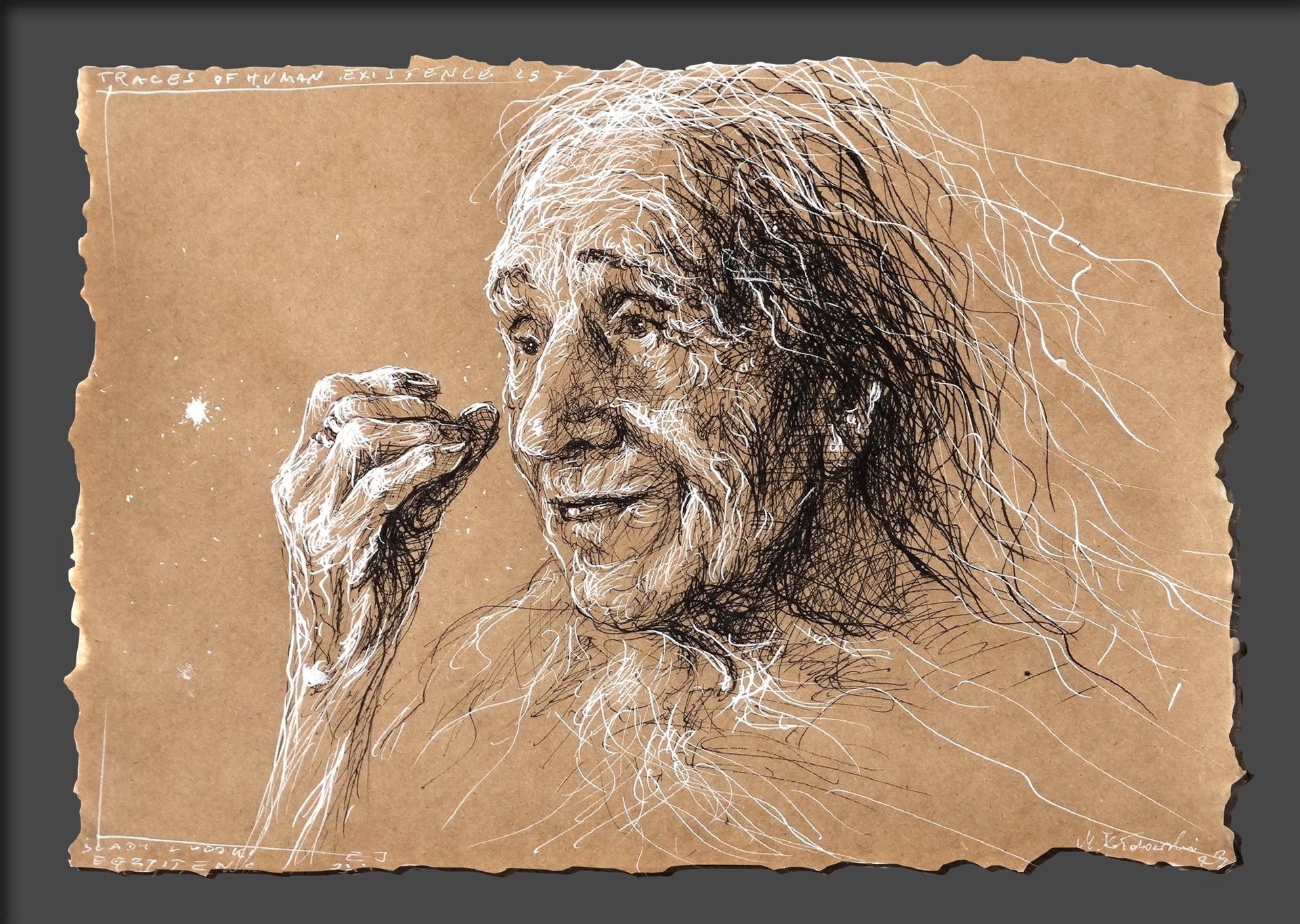 Portrait pen& ink drawing of an older woman by Mariusz Kaldowski