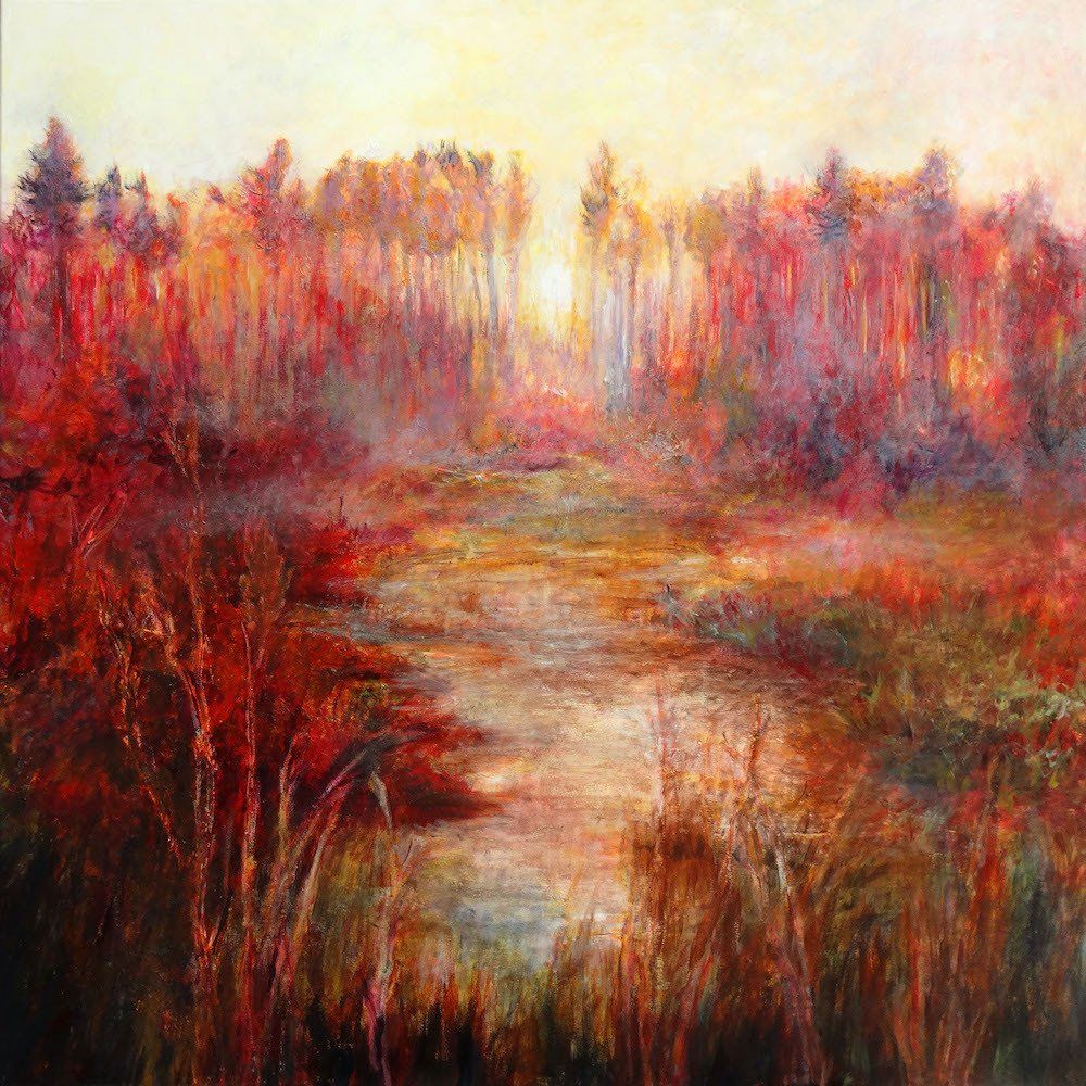 Landscape painting “Scarlet Landscape” by Kasia Kaldowski — acrylic on canvas, 100 × 100 cm