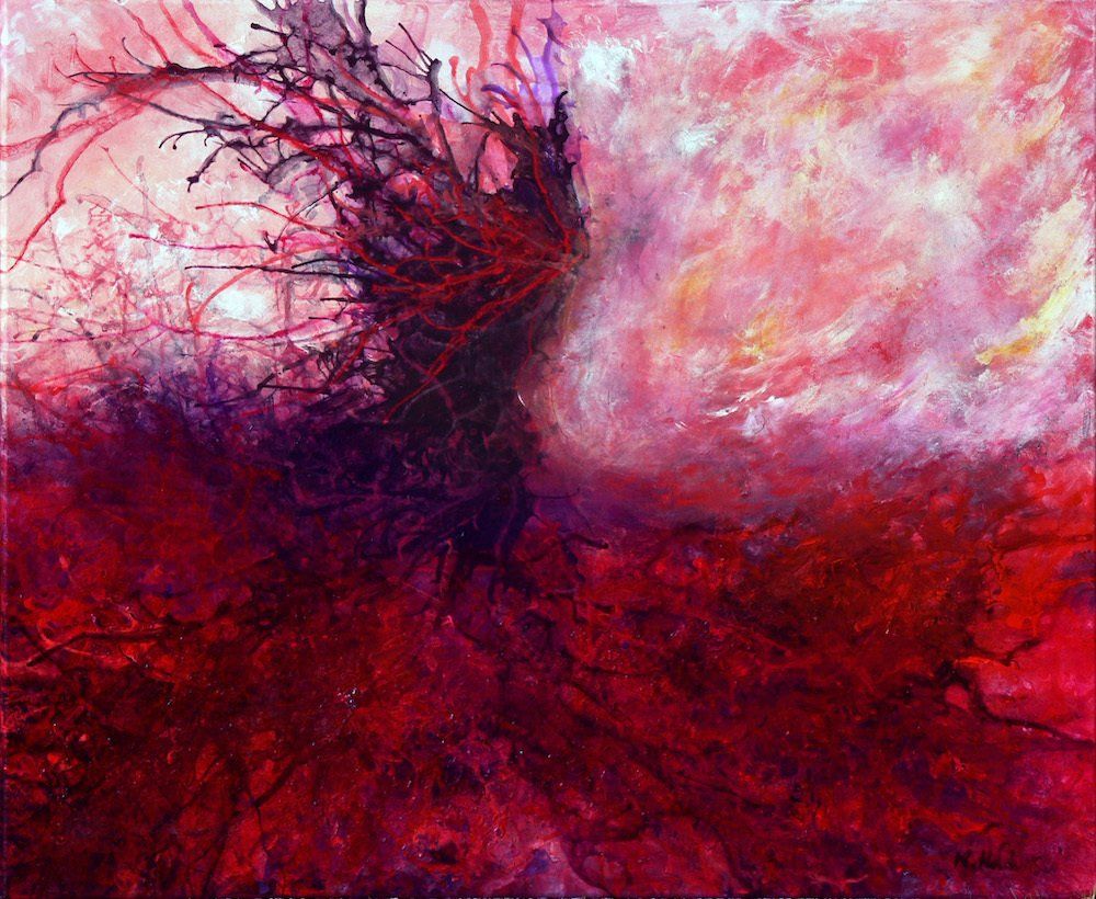 Carmen by Kasia Kaldowski — abstracted red dress in motion, conceptual acrylic painting.