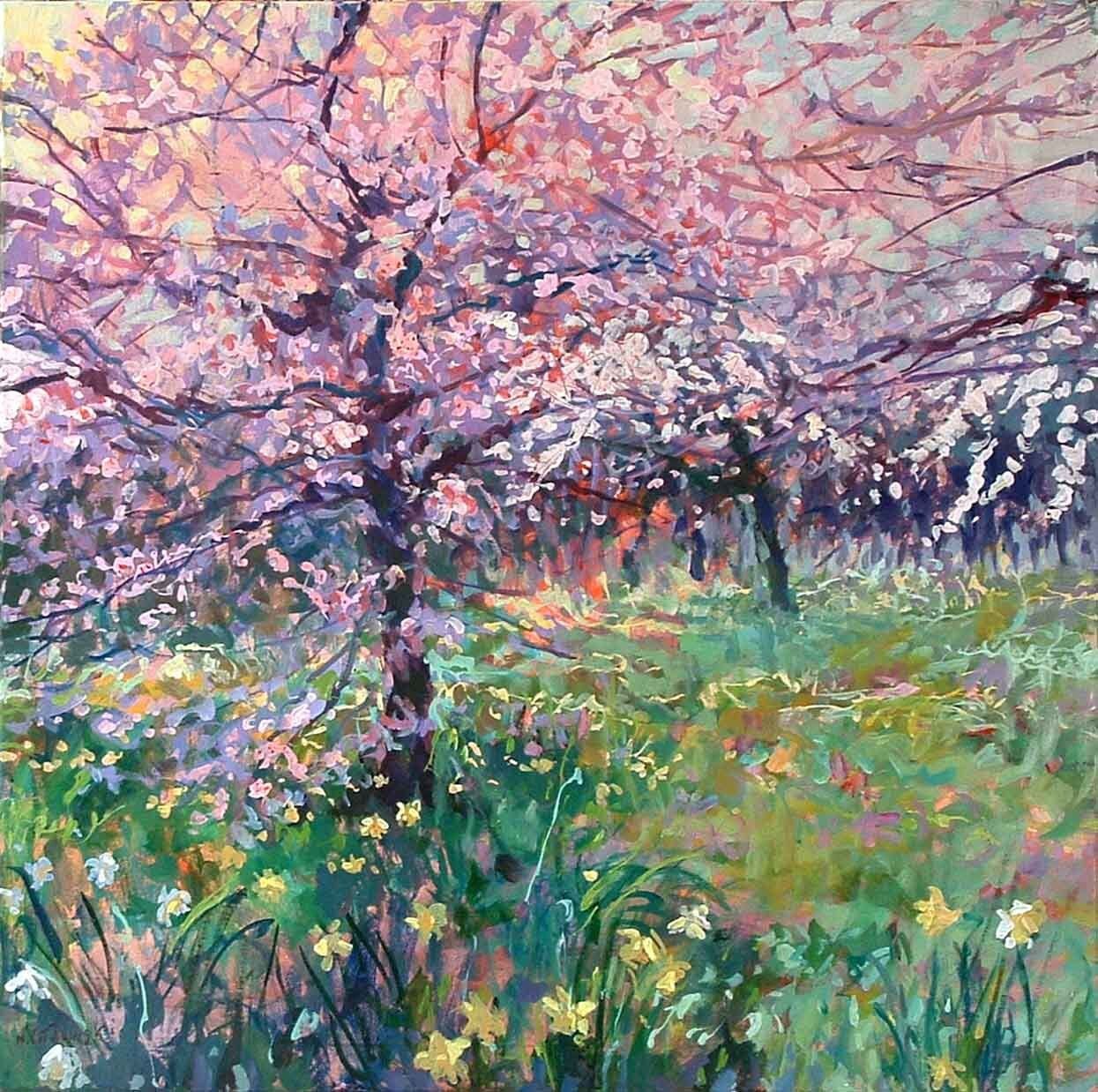 Regent’s Park landscape painting No. 24 by Mariusz Kaldowski — acrylic on canvas, cherry trees  in London park