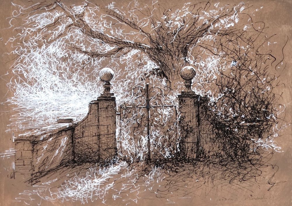 Nymans 2024 pen and ink drawing by Mariusz Kaldowski, inspired by National Trust gardens, old back gate at the park