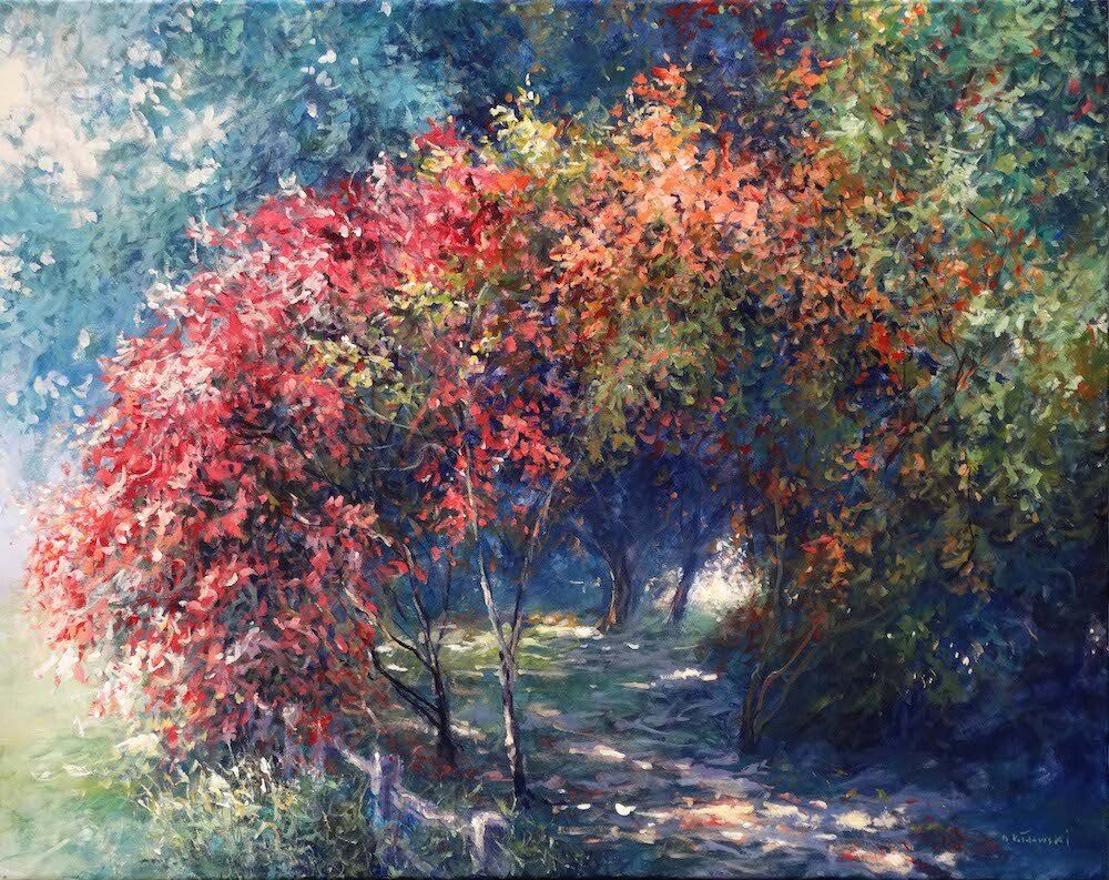 National Trust painting by Mariusz Kaldowski — acrylic on canvas, inspired by autumn trees at Nymans