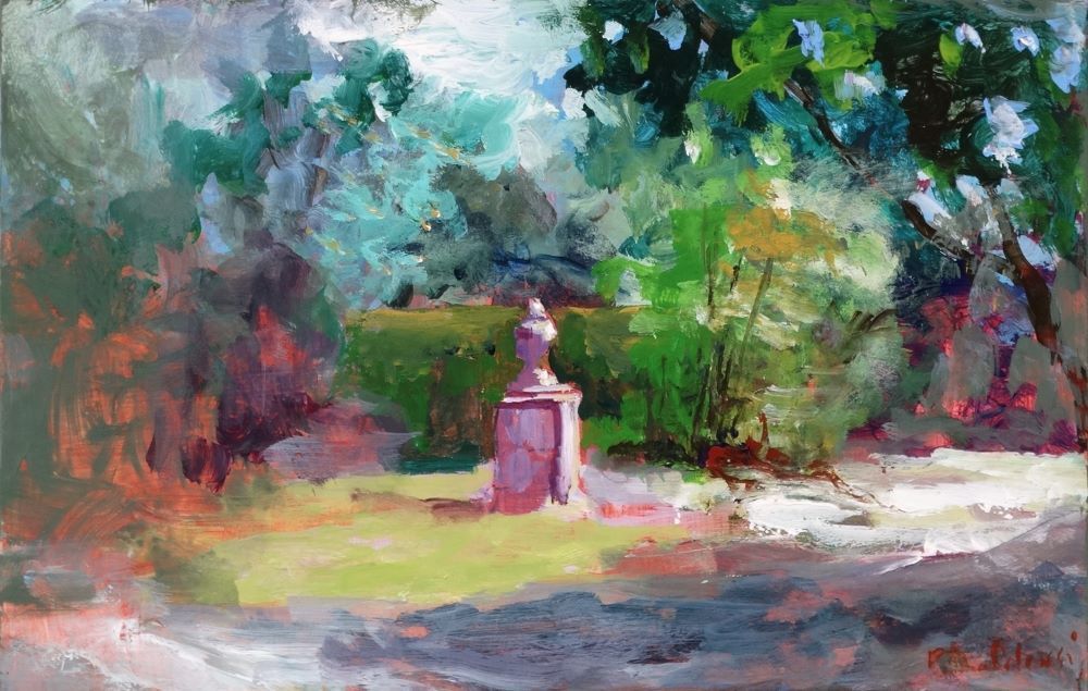 Nymans 2024 acrylic painting by Kasia Kaldowski, inspired by National Trust gardens, stone urn at the park