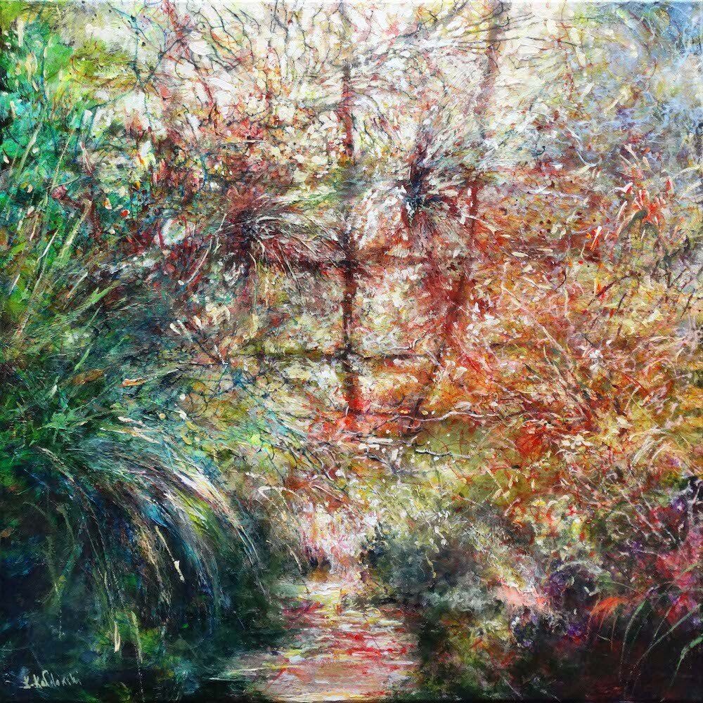 Garden painting “Pergola” by Kasia Kaldowski — acrylic on canvas, 80 x 80 cm