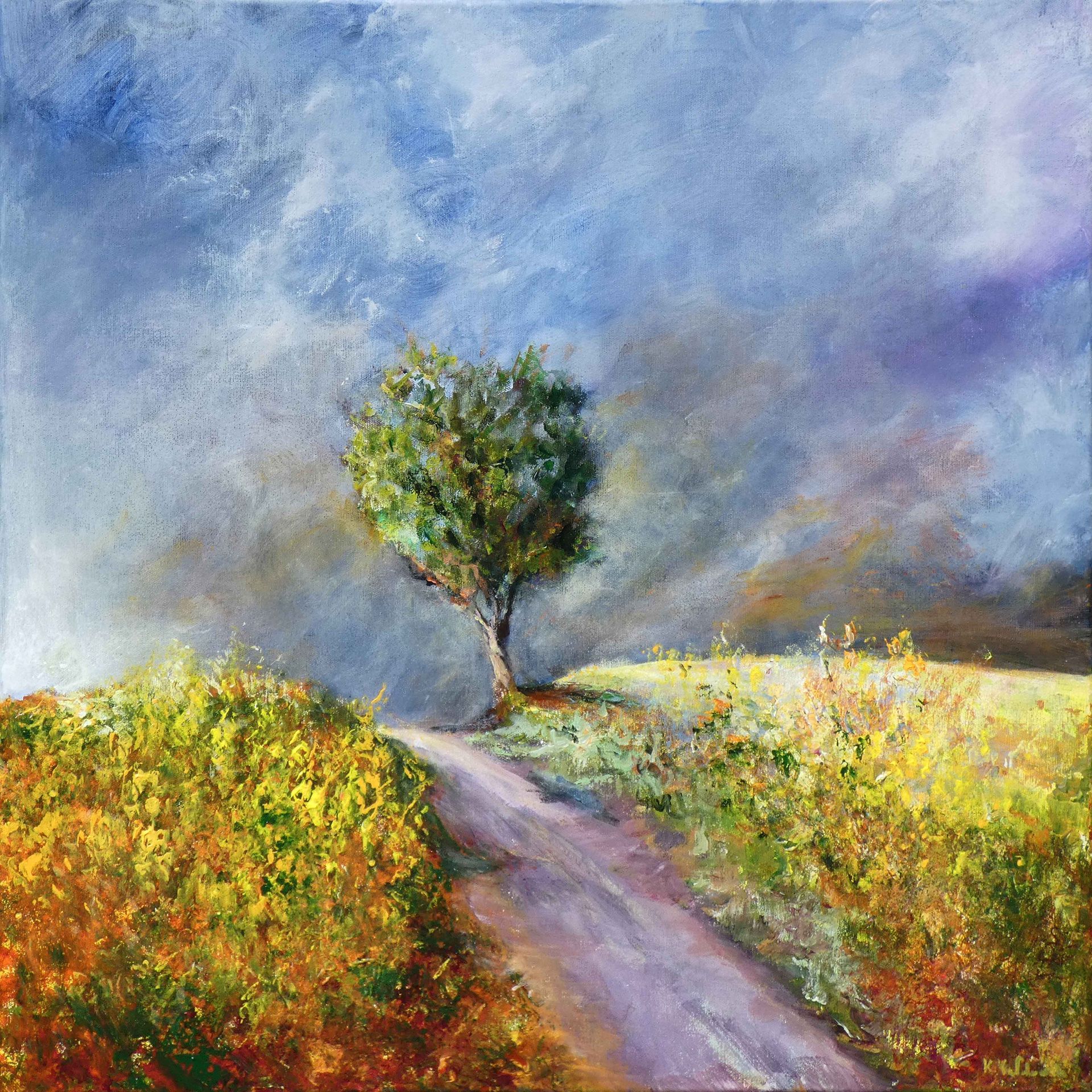 A Tale of the Storm and Rapeseed Fields painting, acrylic on canvas 70 x 70cm