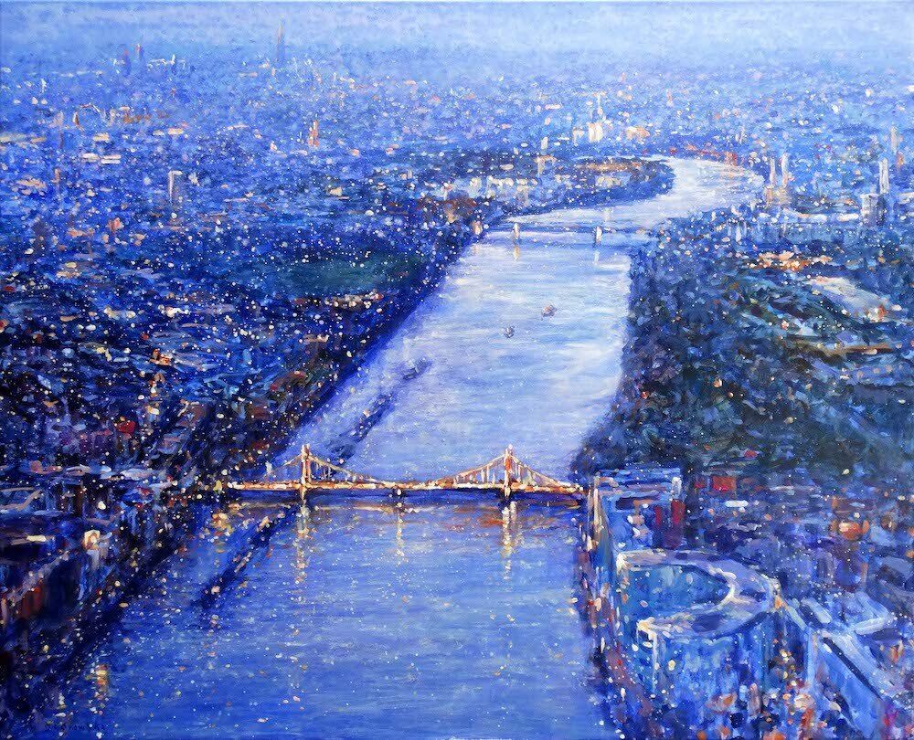 Albert Bridge Birds Eye View — London bridge aerial view painting by Mariusz Kaldowski.