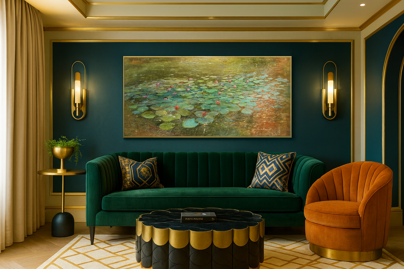August Waterlilies painting by Mariusz Kaldowski in an Art Deco living room with emerald sofa and or