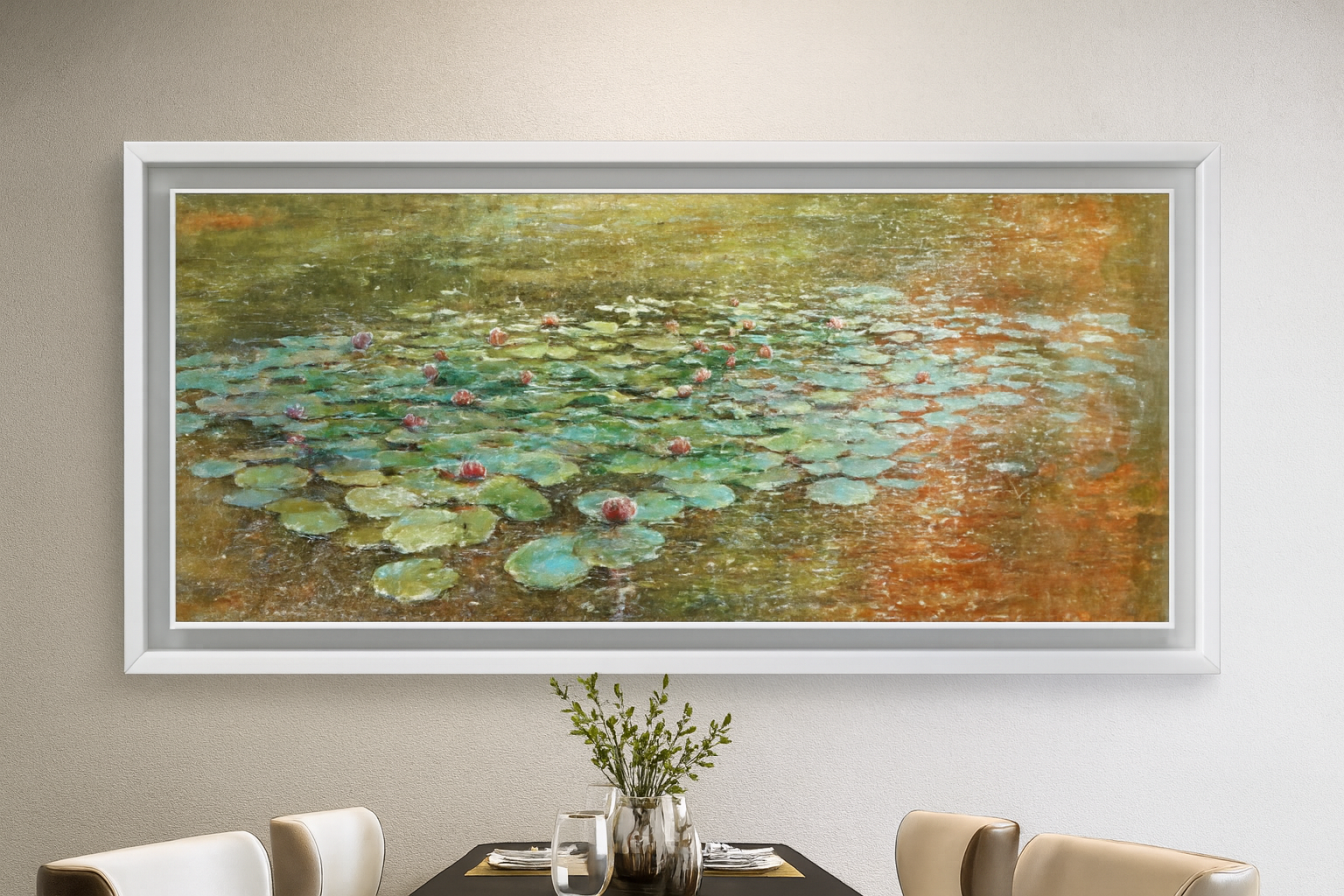 Modern dining room interior with white chairs and a framed impressionist water lily painting by Mariusz Kaldowski.