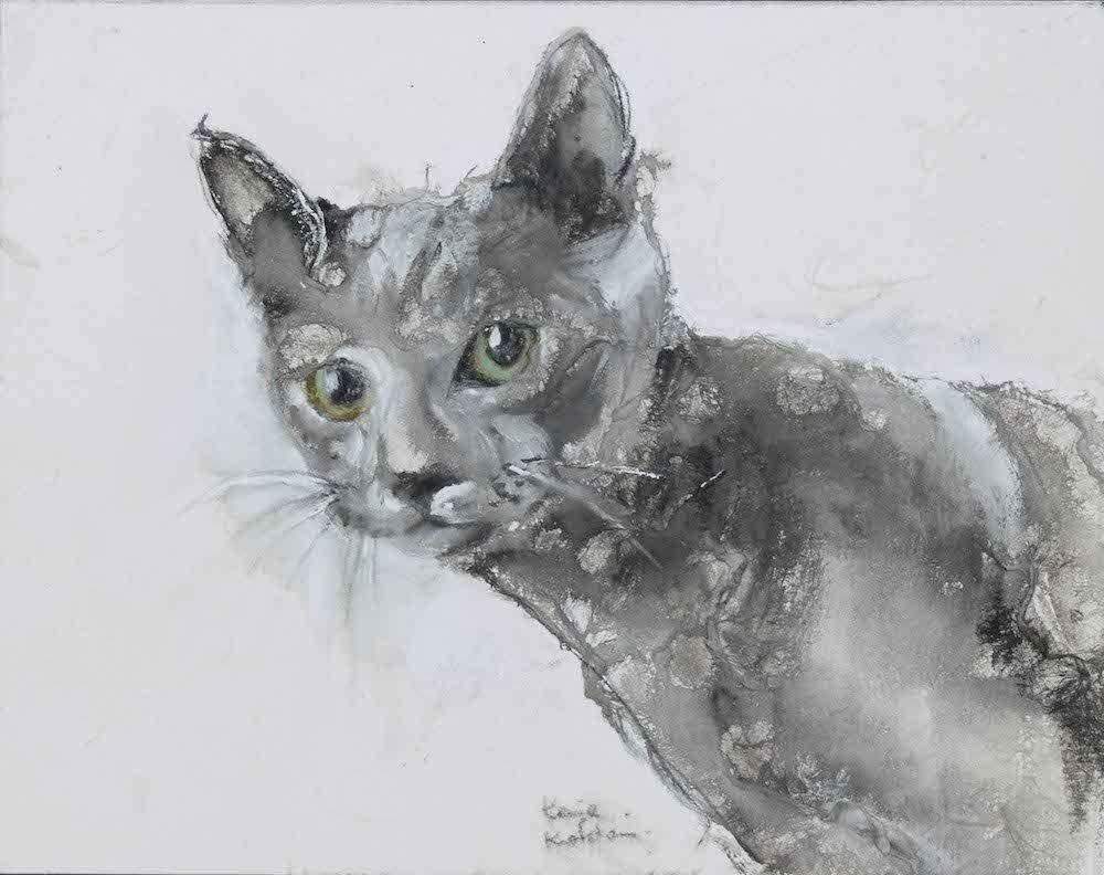 Painting of a black cat on mulbery paper by Kasia Kaldowski