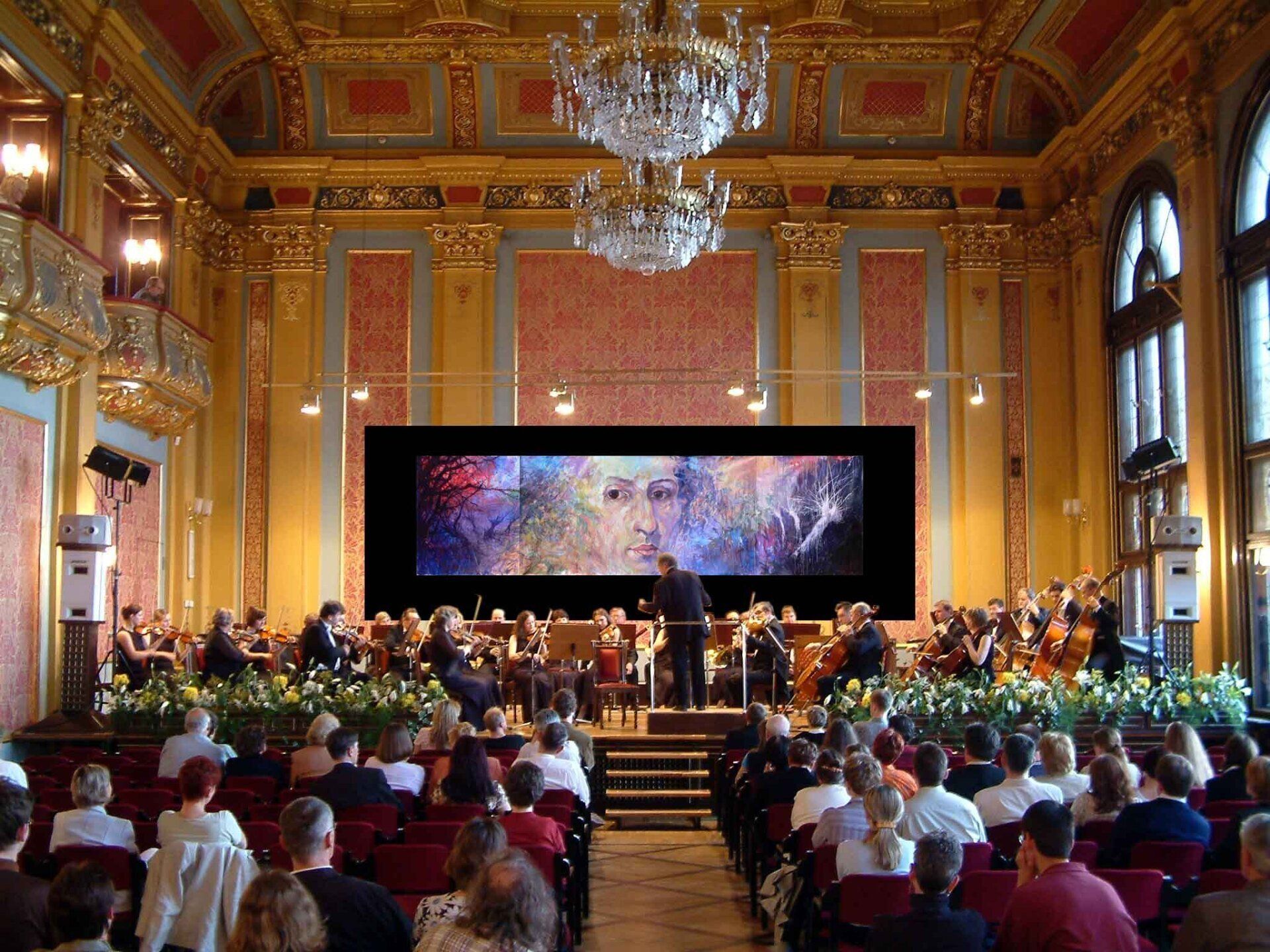 Chopin triptych painting by Mariusz Kaldowski on stage in Artus Court, Torun
