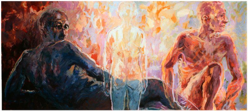 Maturation — figures of men observing a maturing boy, figurative composition by Mariusz Kaldowski.