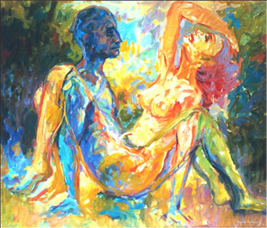 painting Together  by Mariusz Kaldowski  depicting a nude female and nude male