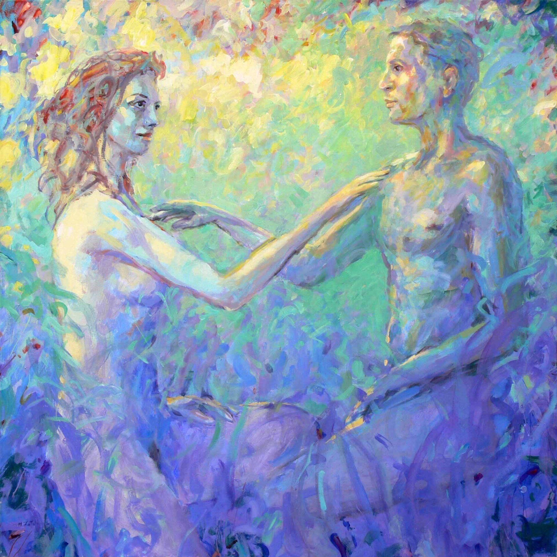 First Love: First Touch — young female and male nude looking at each other, acrylic on canvas by Mariusz Kaldowski