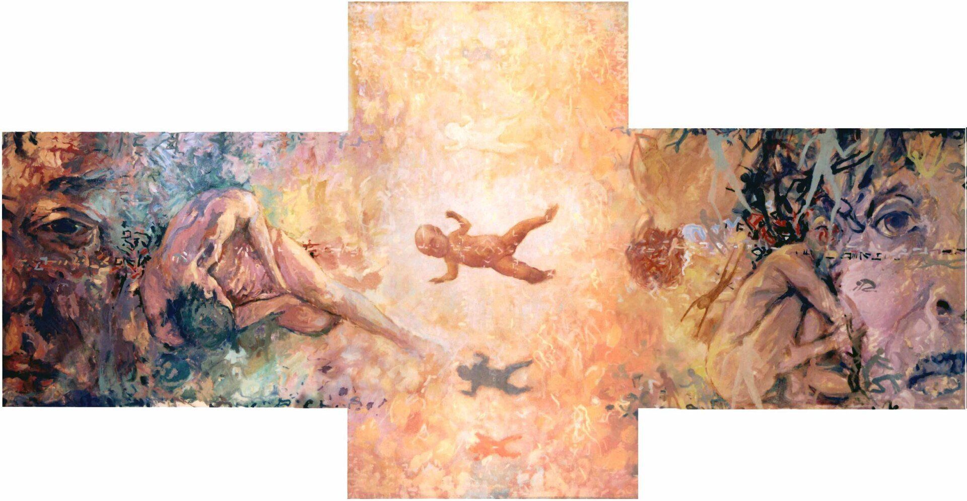 Cross — panoramic acrylic on canvas by Mariusz Kaldowski, figurative sequence with symbolic child birth,  cross and rose.