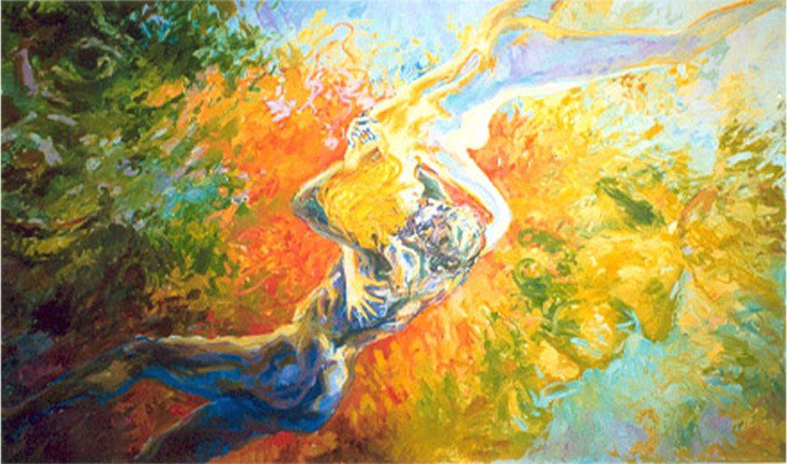 Triptych: Ecstasy — large composition by Mariusz Kaldowski, acrylic on canvas, depicting kissing couple swimming underwater