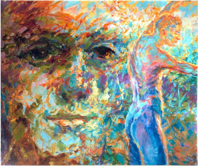 Into the Light 2 — male face and male nude reaching toward light, painting by Mariusz Kaldowski