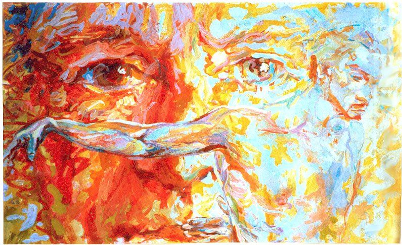 Into the Light — male face with male nude reaching toward light, painting by Mariusz Kaldowski