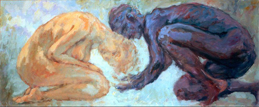 Together 2 — elongated canvas with male and female nude, acrylic on canvas by Mariusz Kaldowski.