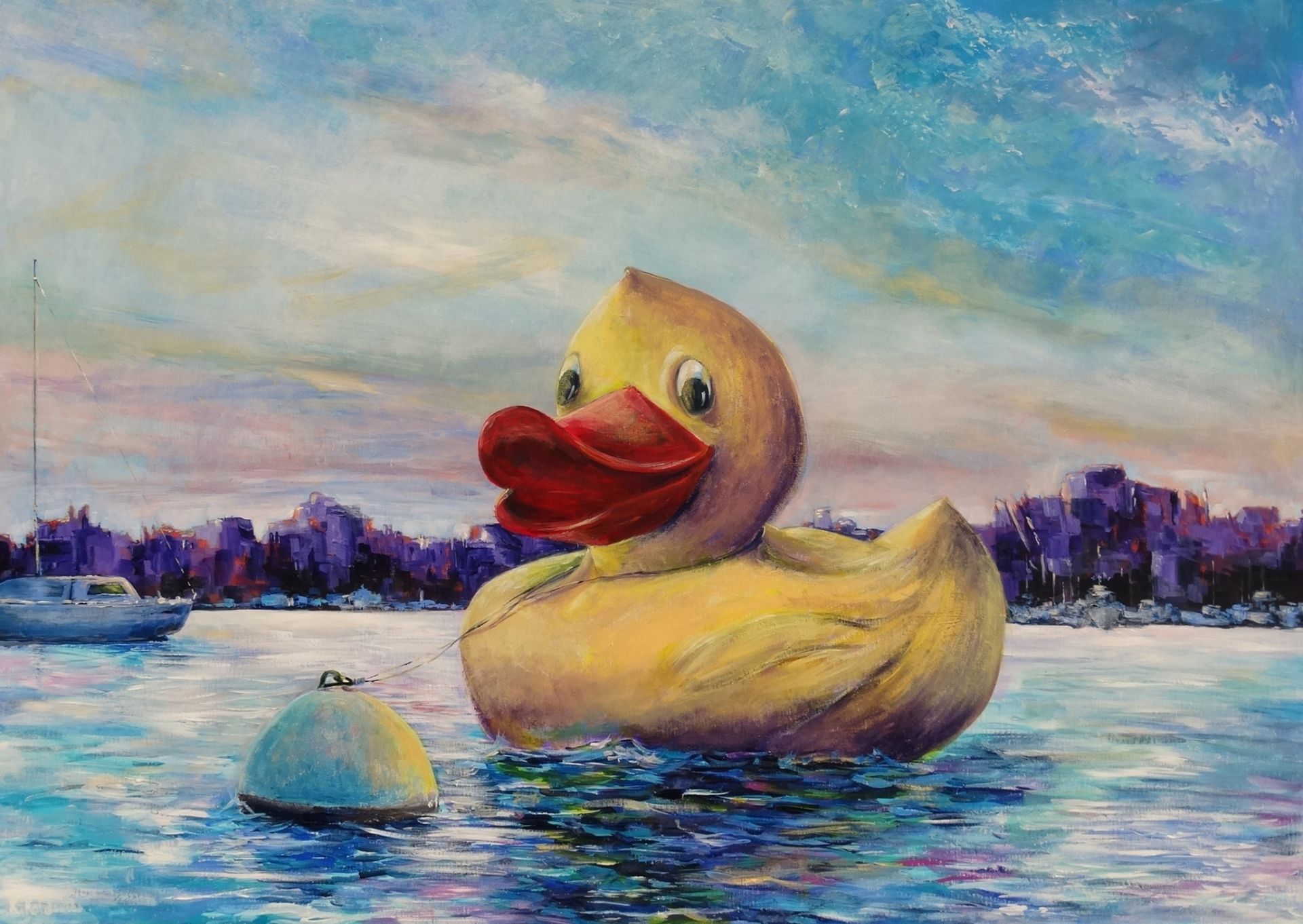 Staying Alive painting of a giant rubber duck swimming in a city bay 
acrylic on canvas (DE) 100 x 150cm