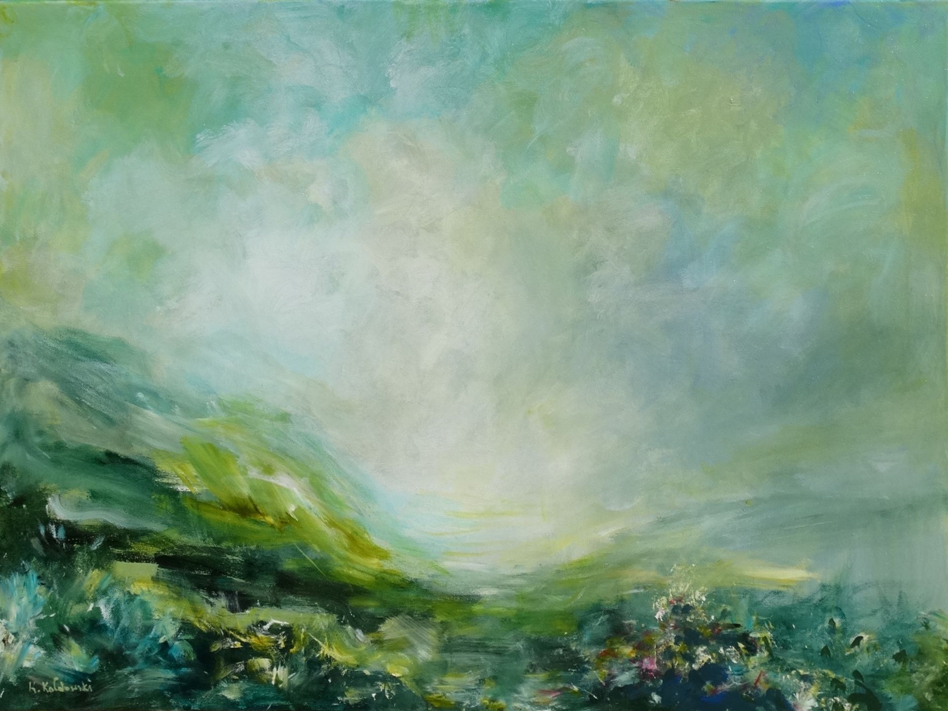 It's In Your Hands oainting of a green abstract lansdscape 
acrylic on canvas 60 x 80cm