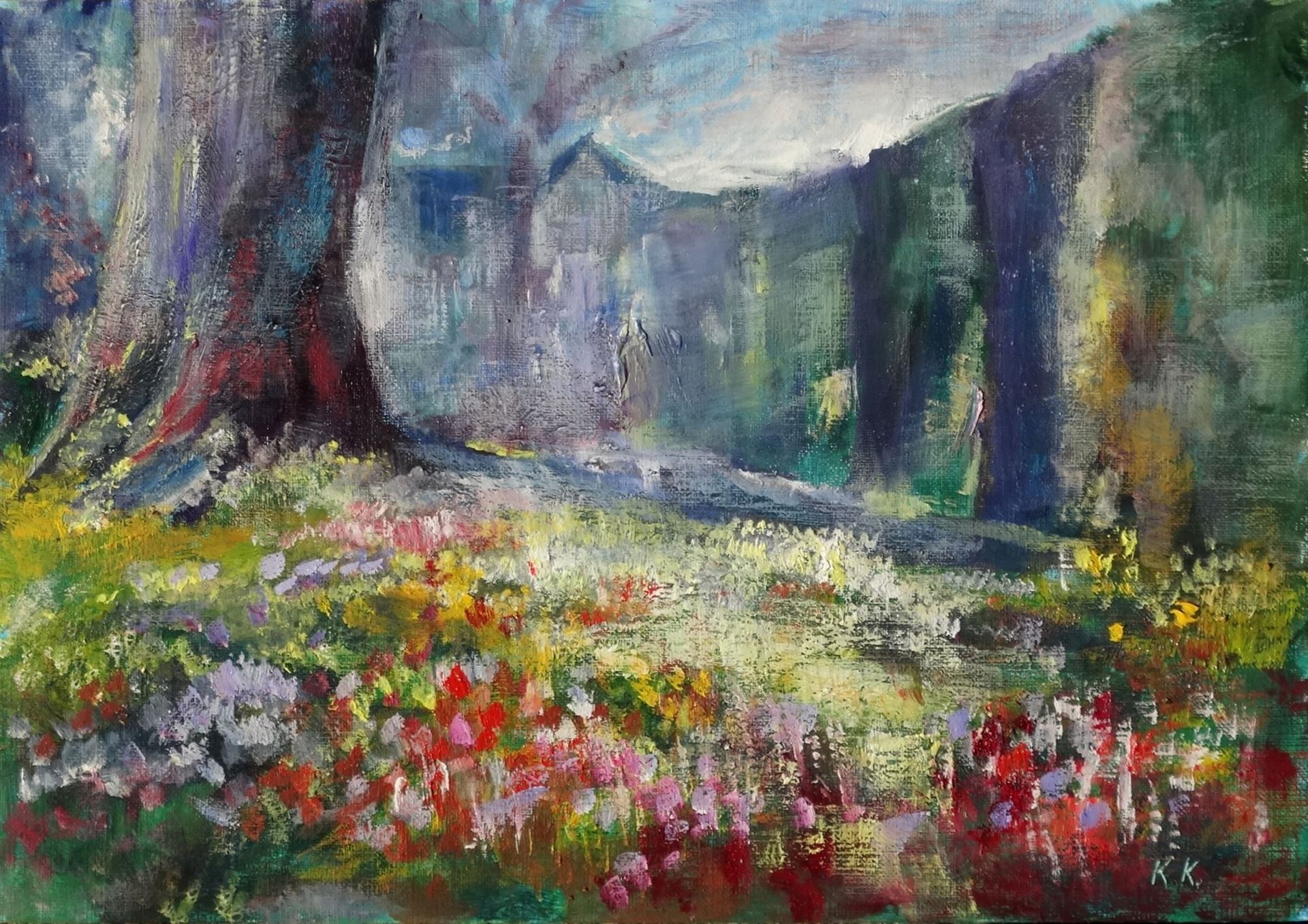 Nymans 2024 oil painting by Kasia Kaldowski, inspired by National Trust gardens, spring carpet at the park