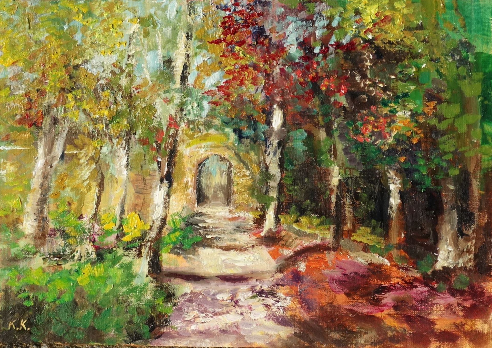 Nymans 2024 oil painting by Kasia Kaldowski, inspired by National Trust gardens, birch trees at the park, 