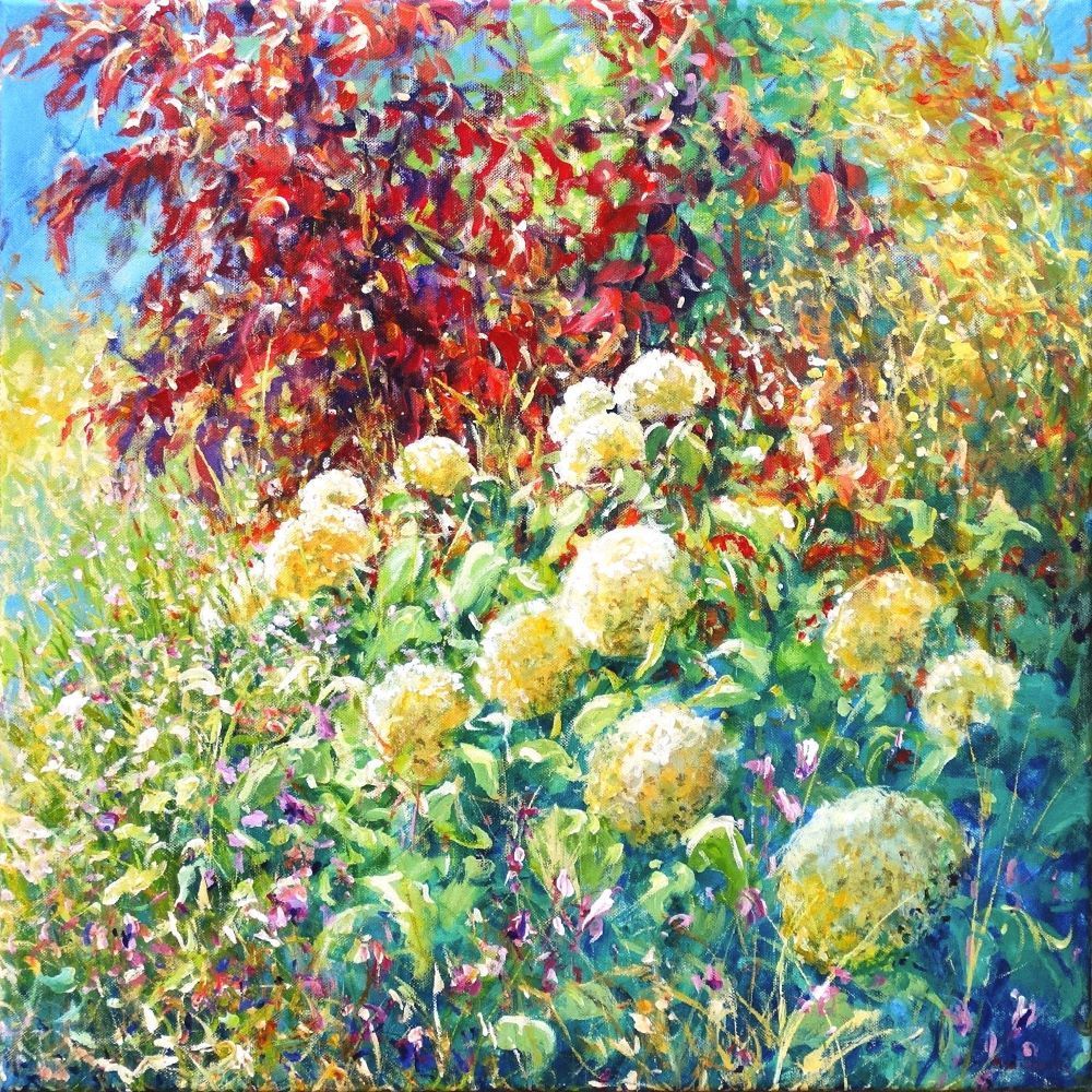 Nymans 2024 acrylic painting by Mariusz Kaldowski, inspired by National Trust gardens, white hydrangeas at Nymans