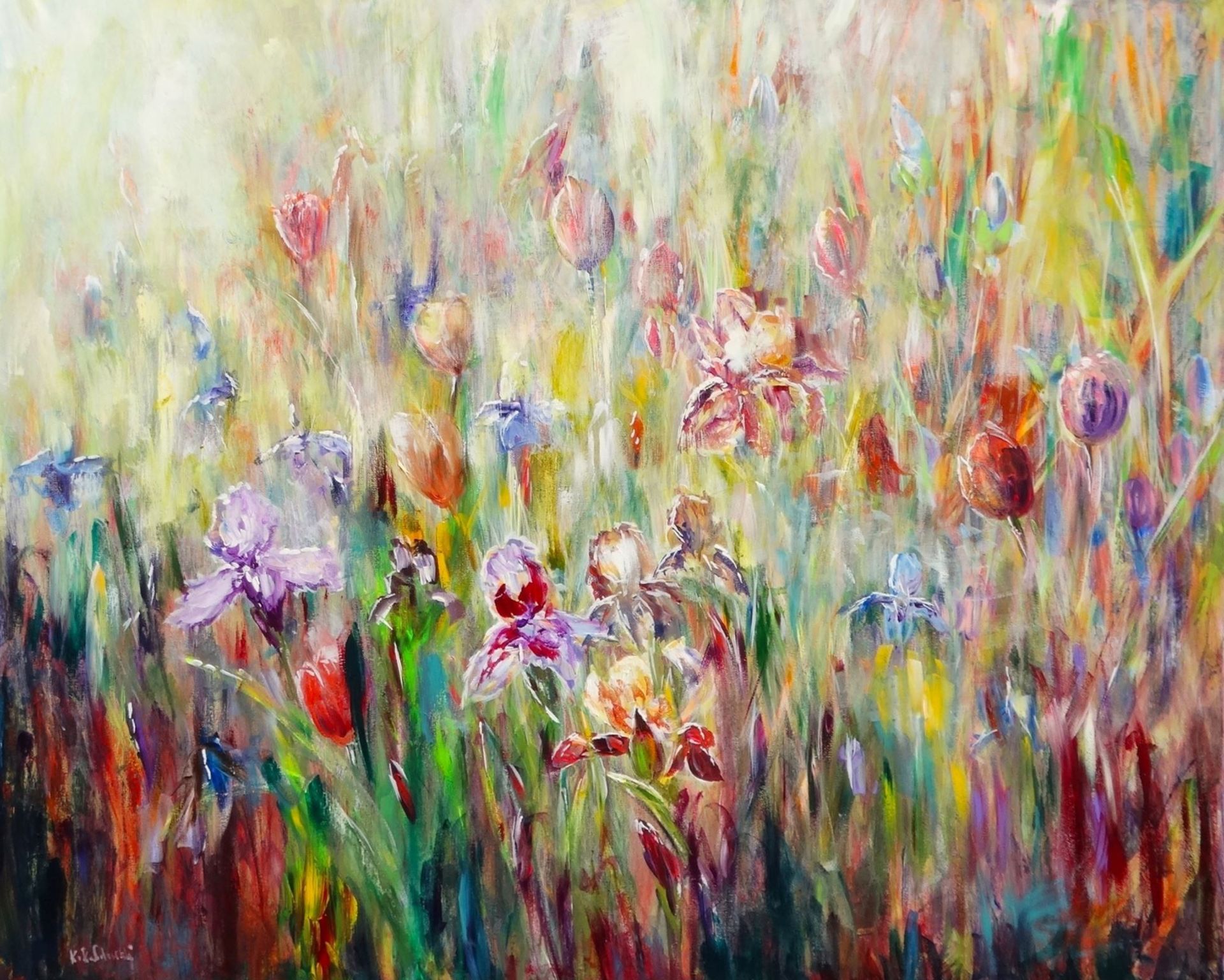 Darling Buds Of May painting of spring bulb flowers,
acrylic on canvas 80 x 100cm