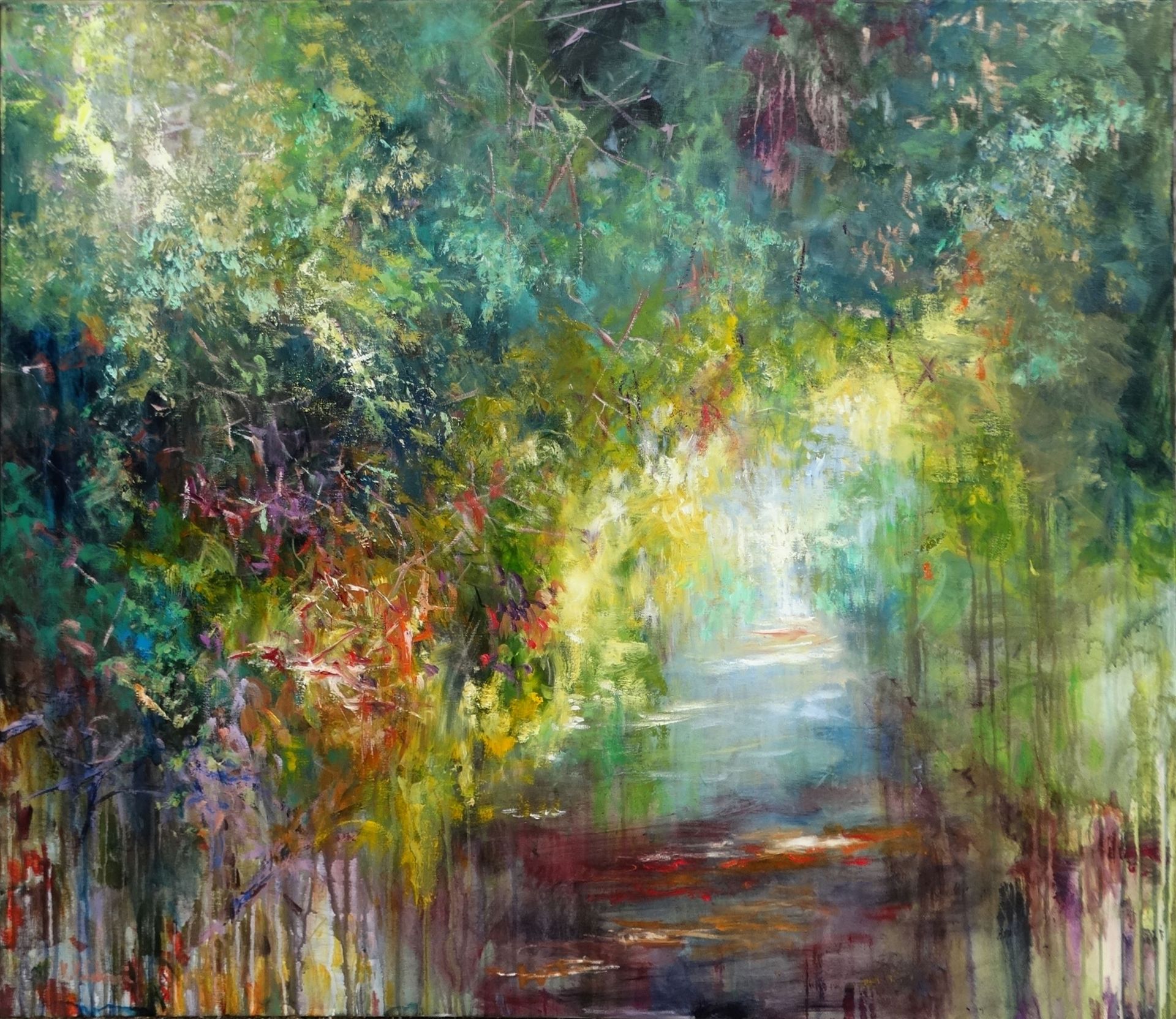 Path to Light abstract green landscape,
oil on canvas 91.5 x 114.5cm