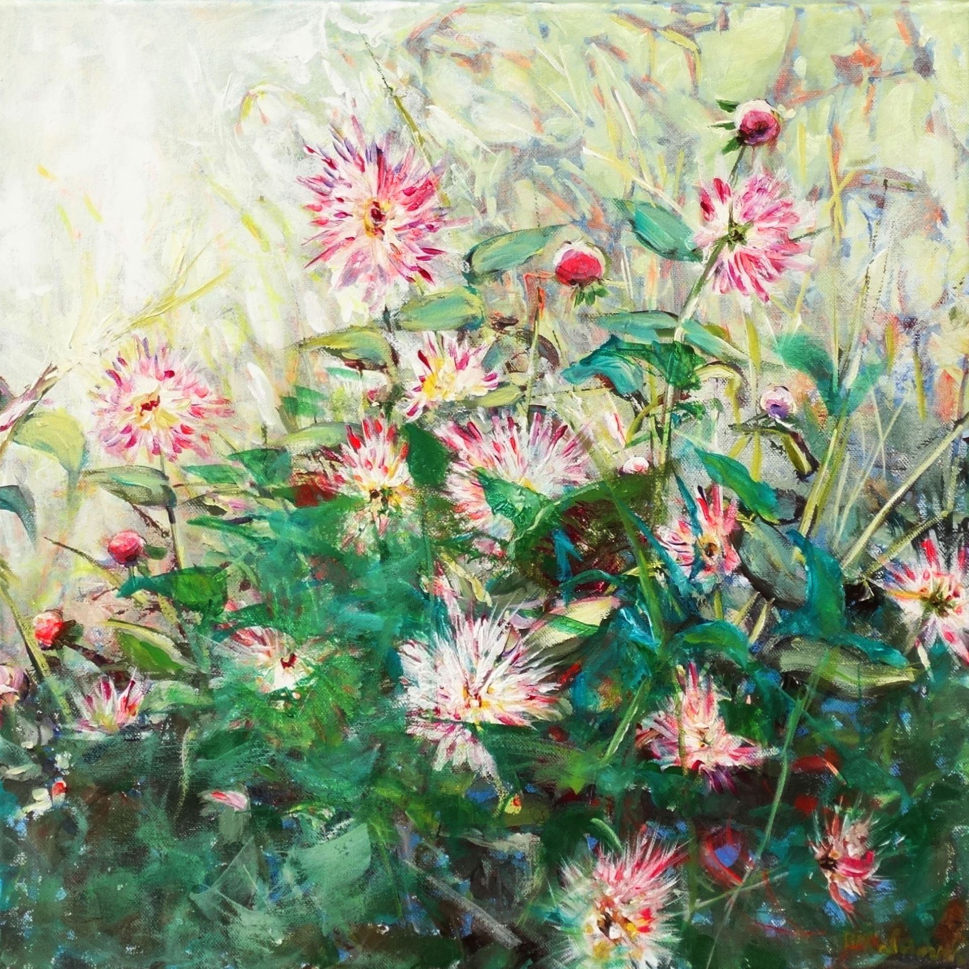 September Dahlias painting 
acrylic on DE canvas 50 x 50 cm