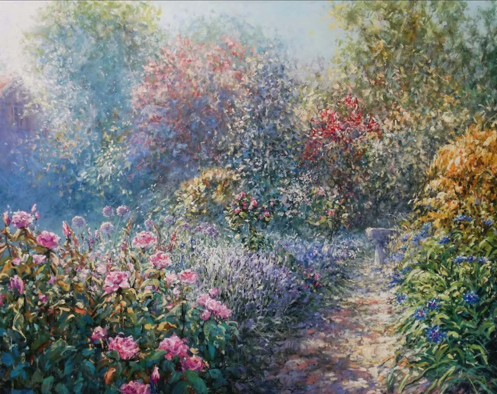 English Garden impressionist painting by Mariusz Kaldowski showing a lush garden with blooming flowers and vibrant colors.