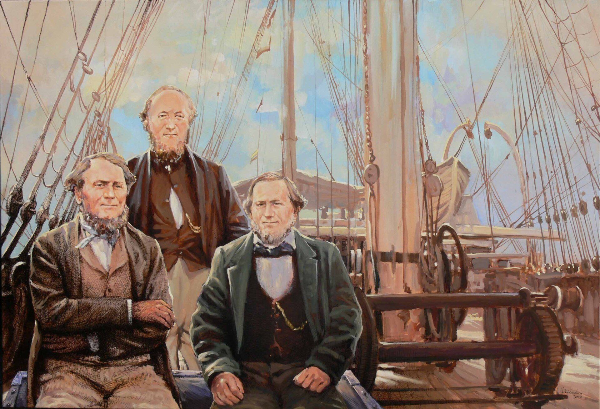 Portrait of Frederic, Andreas and Peter Olsen by Mariusz Kaldowski — acrylic & pen & ink on canvas, commissioned work