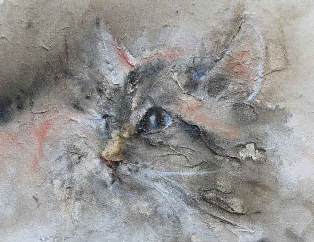Painting of a black cat on tissue by Kasia Kaldowski