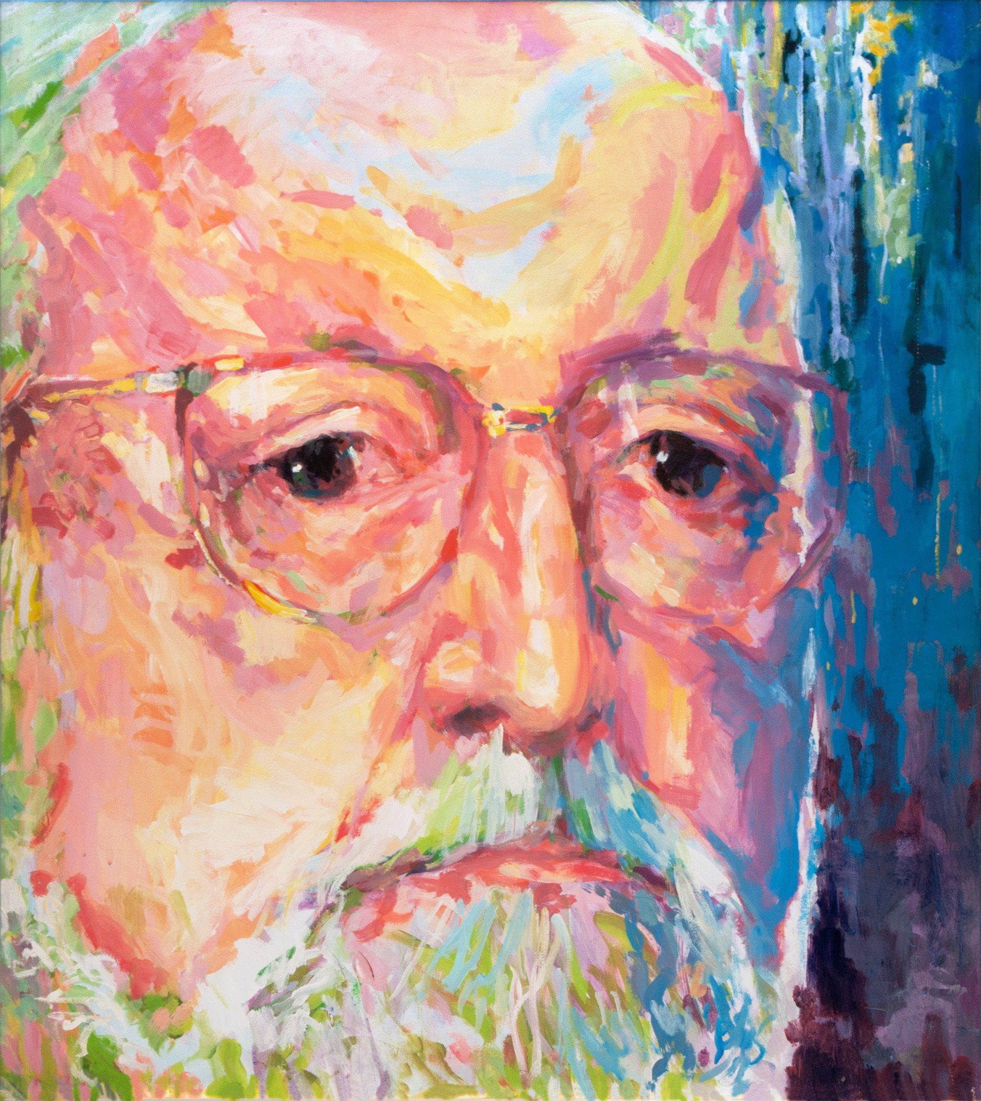 Portrait of Krzysztof Penderecki by Mariusz Kaldowski — acrylic on canvas, from Velis Passis project