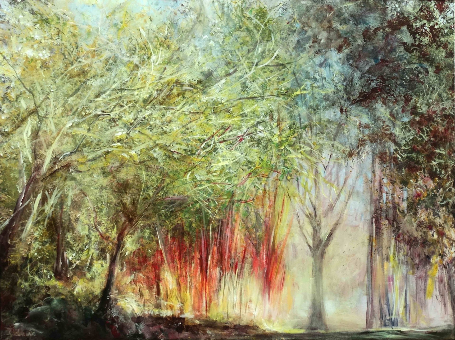 Nymans 2024 acrylic painting by Kasia Kaldowski, inspired by National Trust gardens, red sun beams at the park