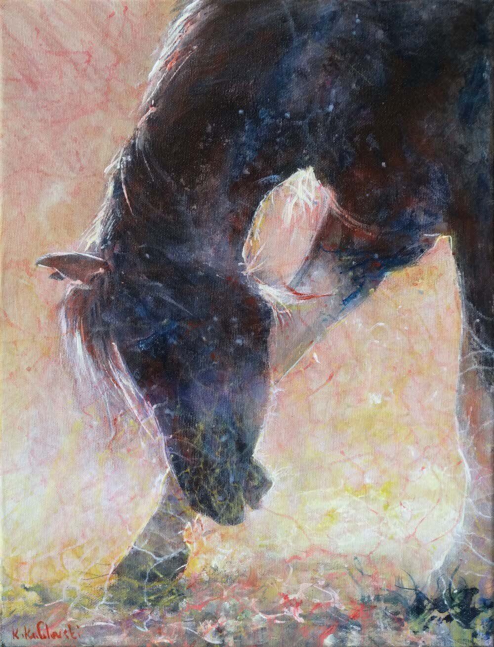 Painting by Kasia Kaldowski of a brown horse bowing.