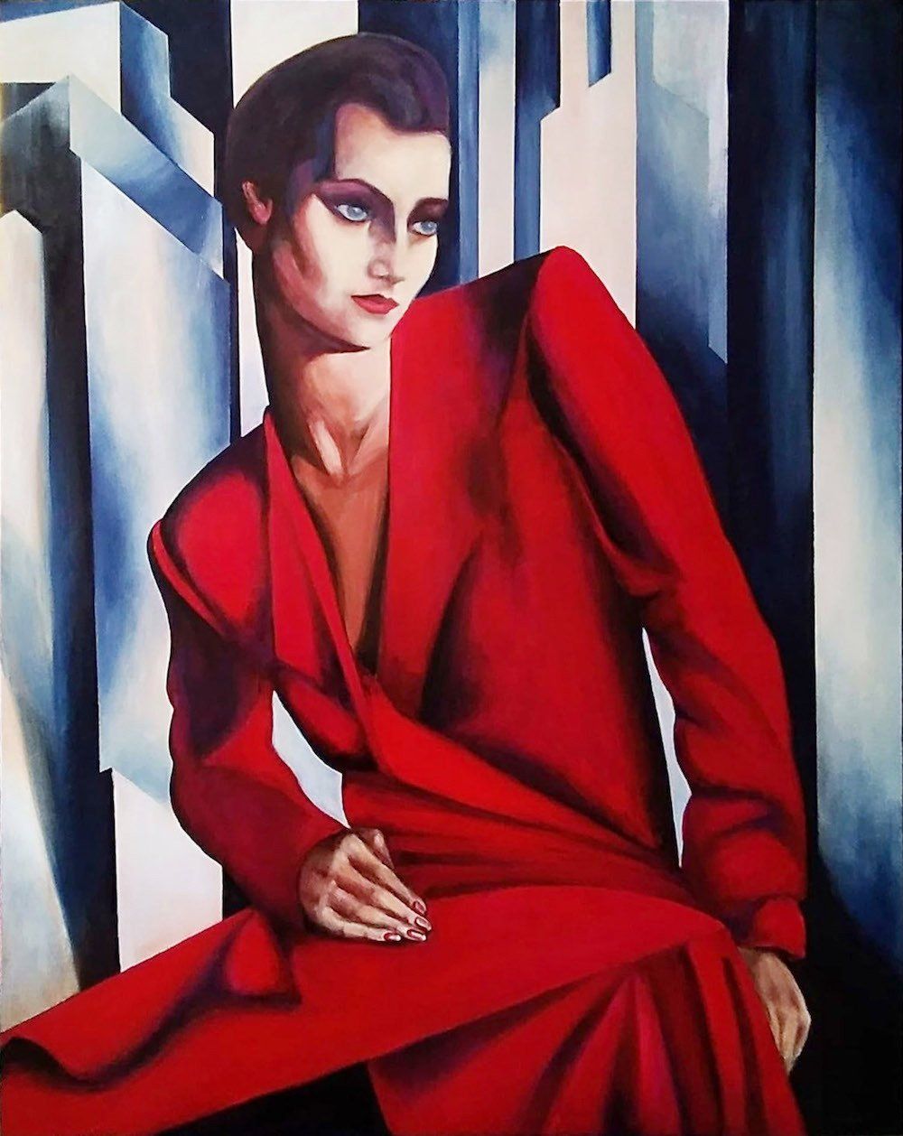 Lady in Red by Kasia Kaldowski — painting in the style of Tamara de Lempicka, female portrait in red robe.