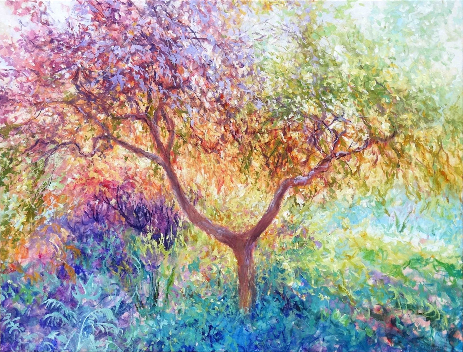 Acer At Leonardslee Garden – Painting by Mariusz Kaldowski, acrylic garden scene of a vivid acer tree at Leonardslee