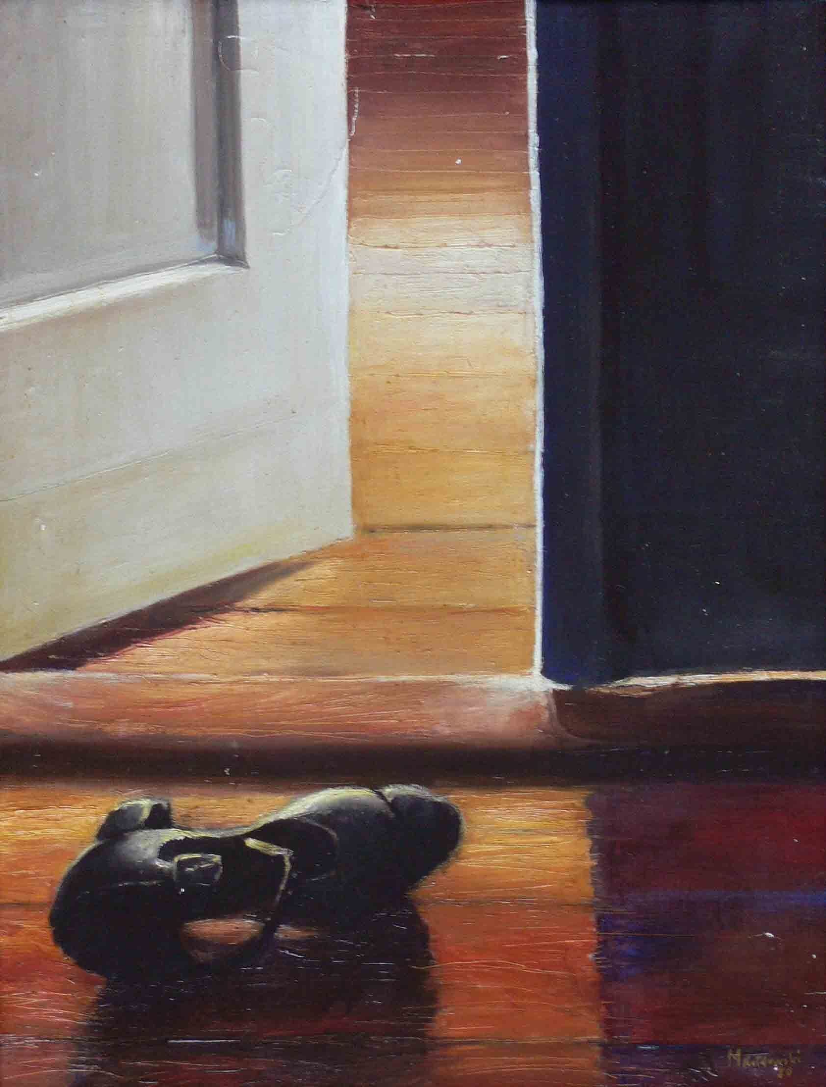 Oil painting of a door and female shoe by Mariusz Kaldowski