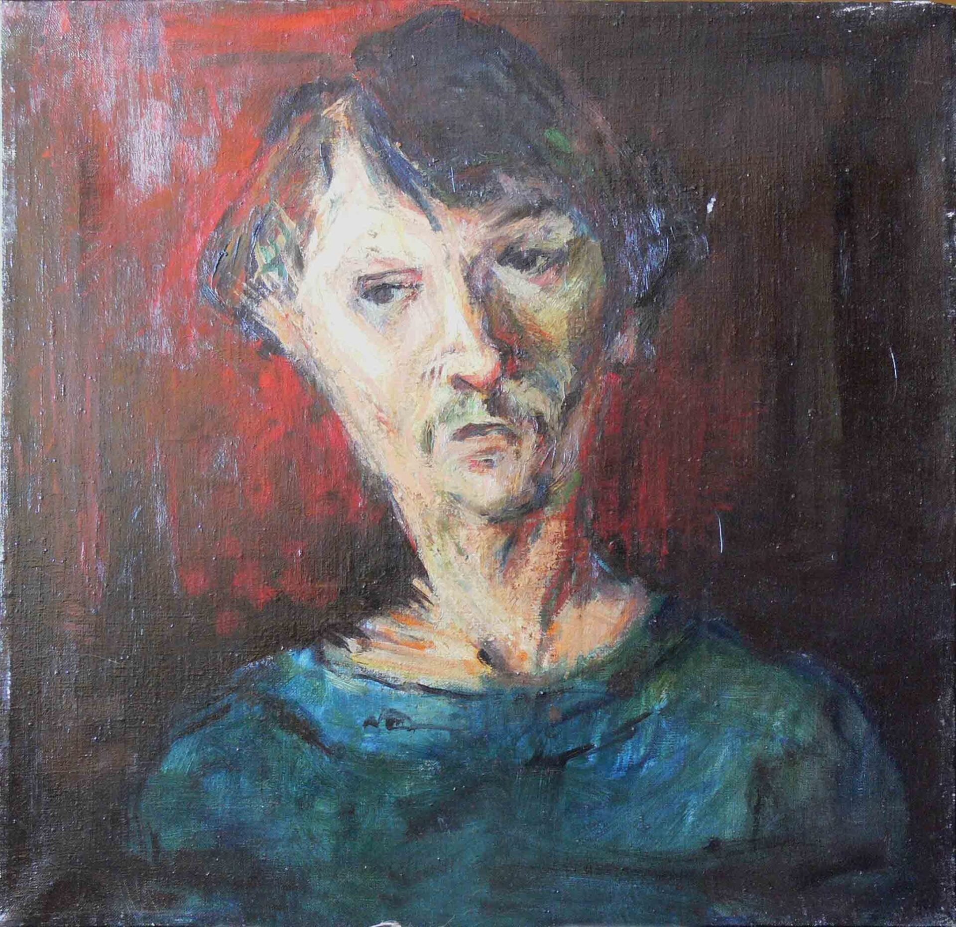 Painting of a male in teal sweater by Mariusz Kaldowski