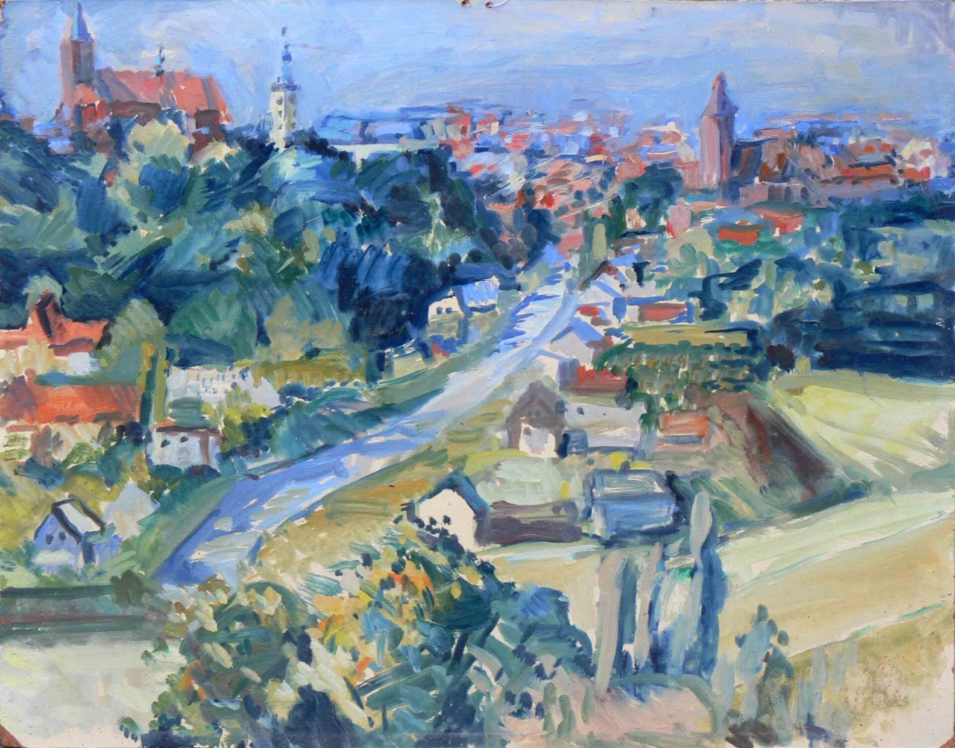 Archival painting of a small towm by Mariusz Kaldowski