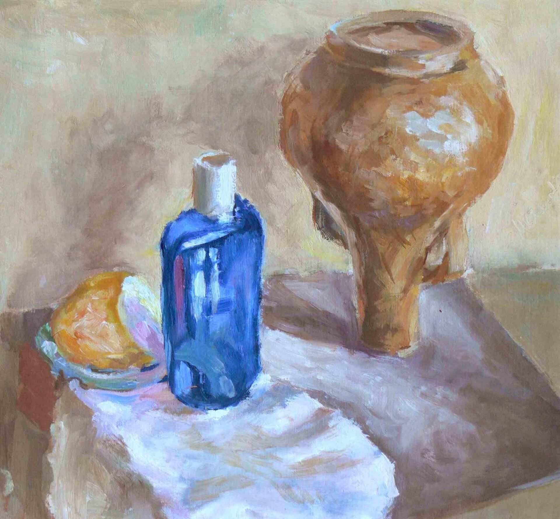 Object on a table with Blue bottle by Mariusz Kaldowski