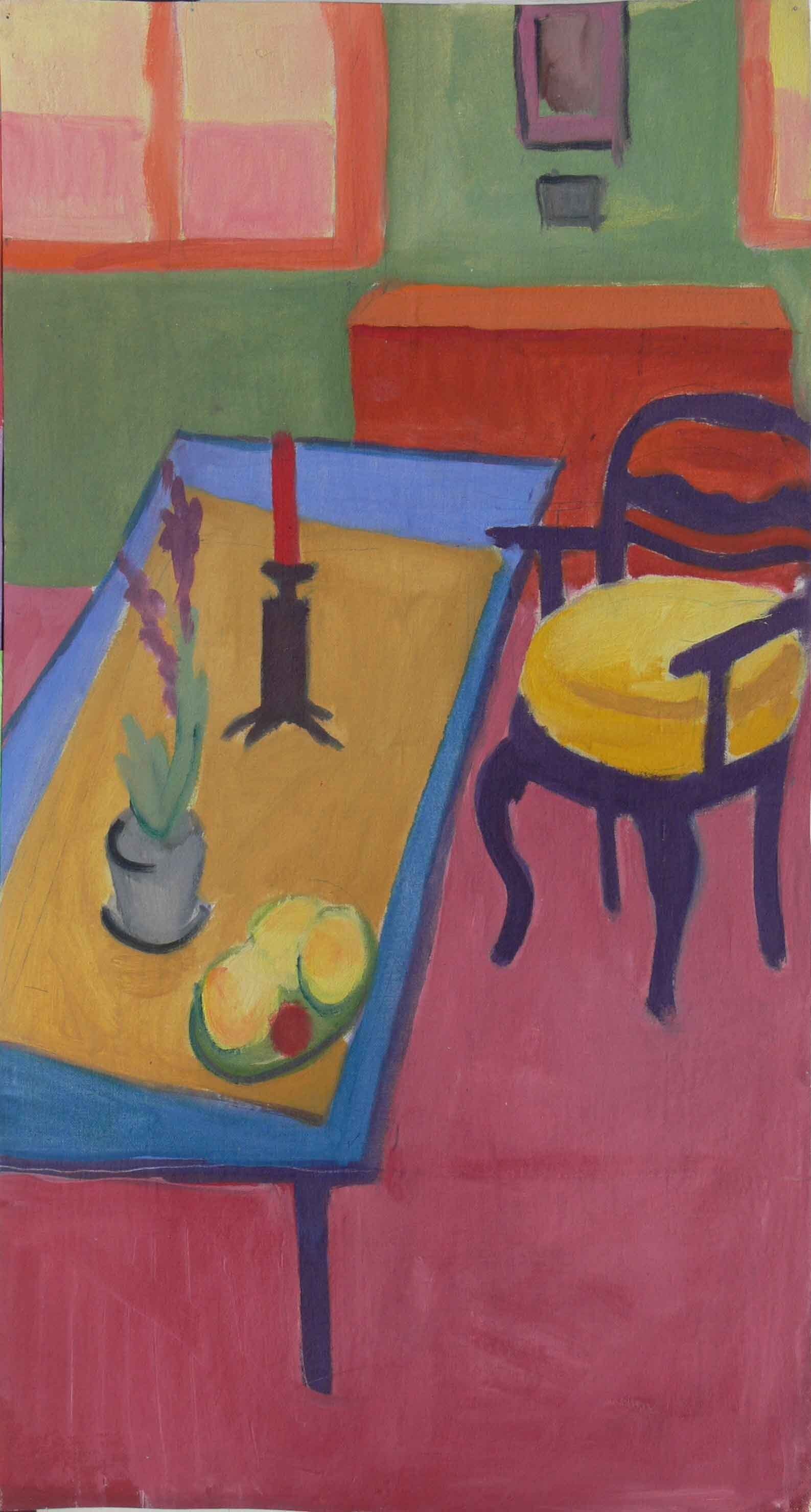 Early painting of a table and chair by Mariusz Kaldowski