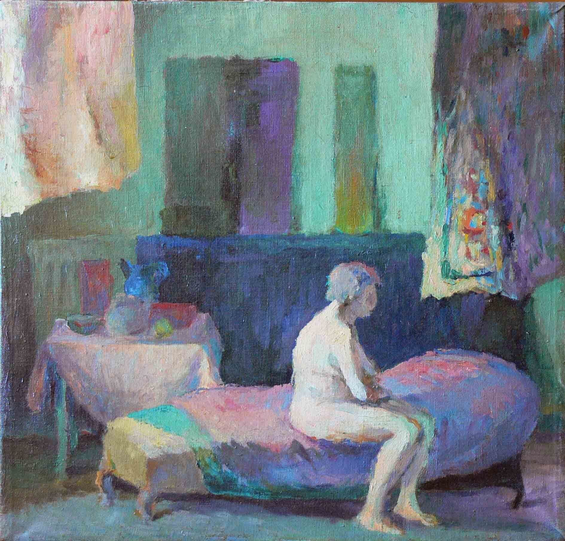 Painting of a female nude sitting, by Mariusz Kaldowski