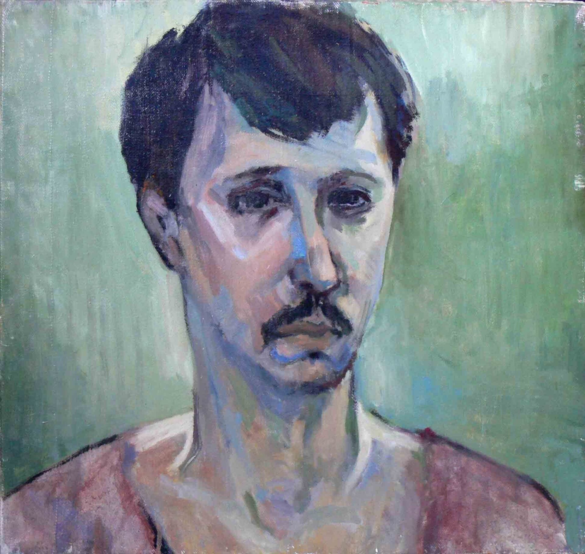 Painting of  a man in pink blouse by Mariusz Kaldowski