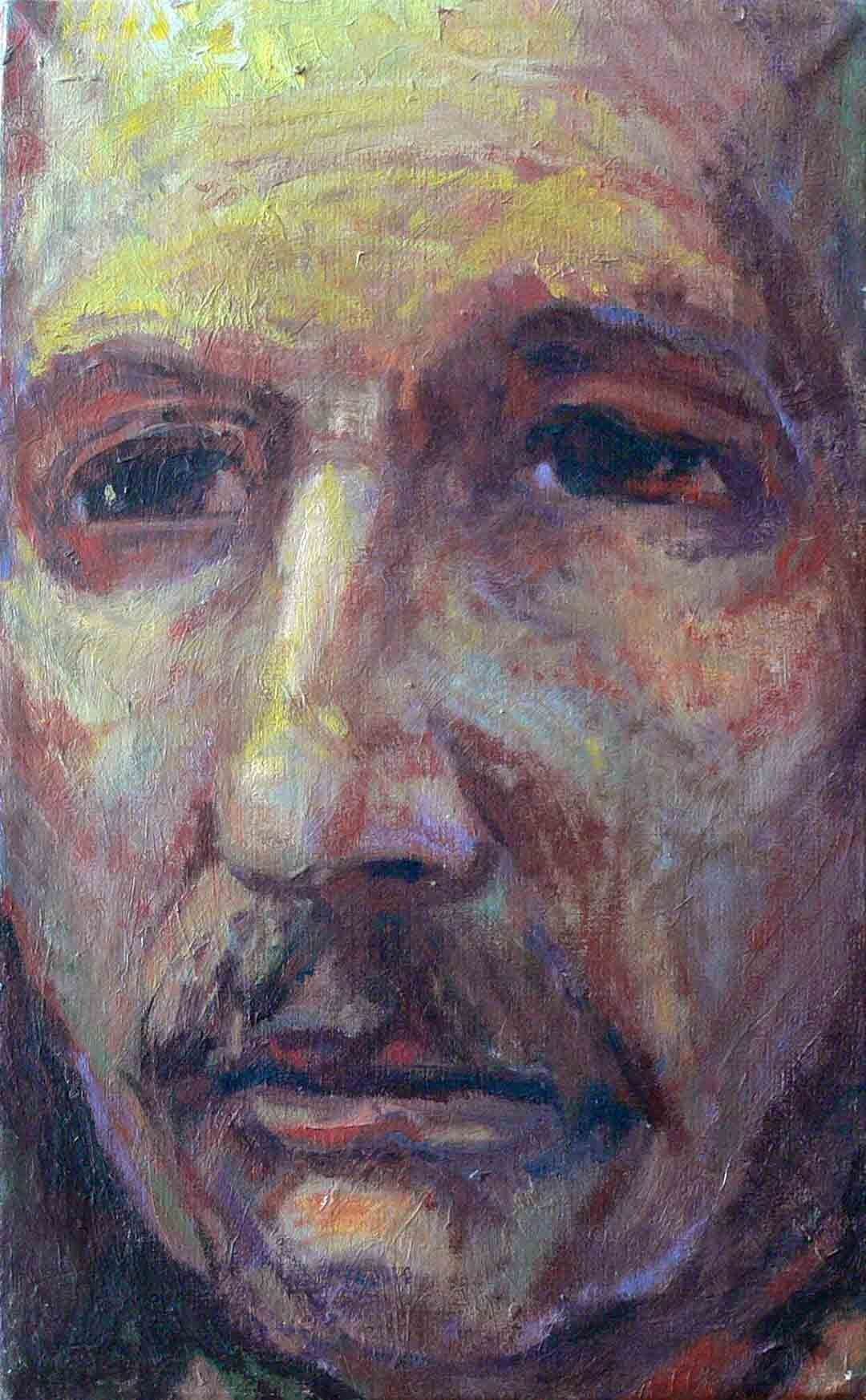 Brown early painting of a male face by Mariusz Kaldowski