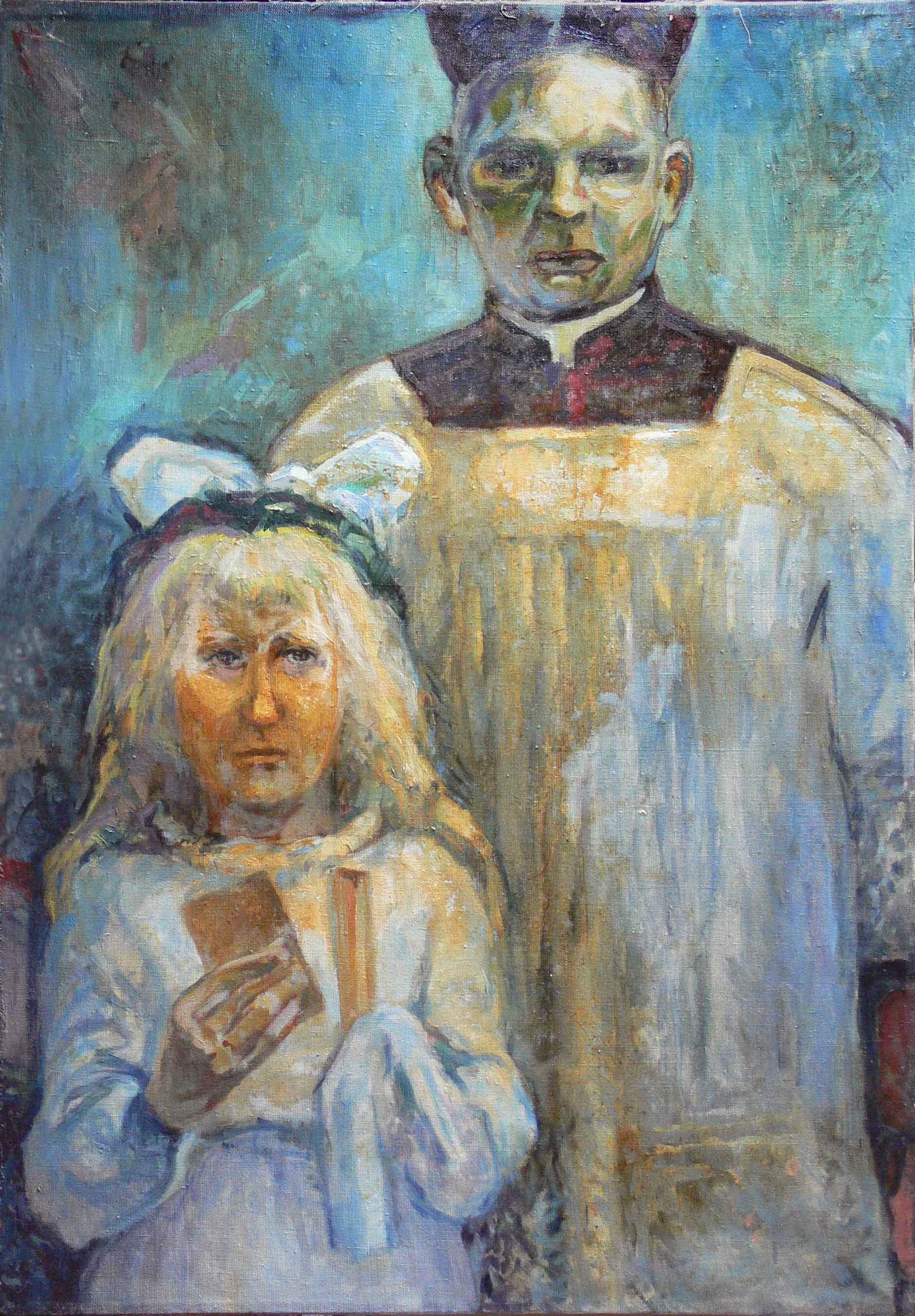 Early symbolic work  of a first communion, a girl and a priest by Mariusz Kaldowski