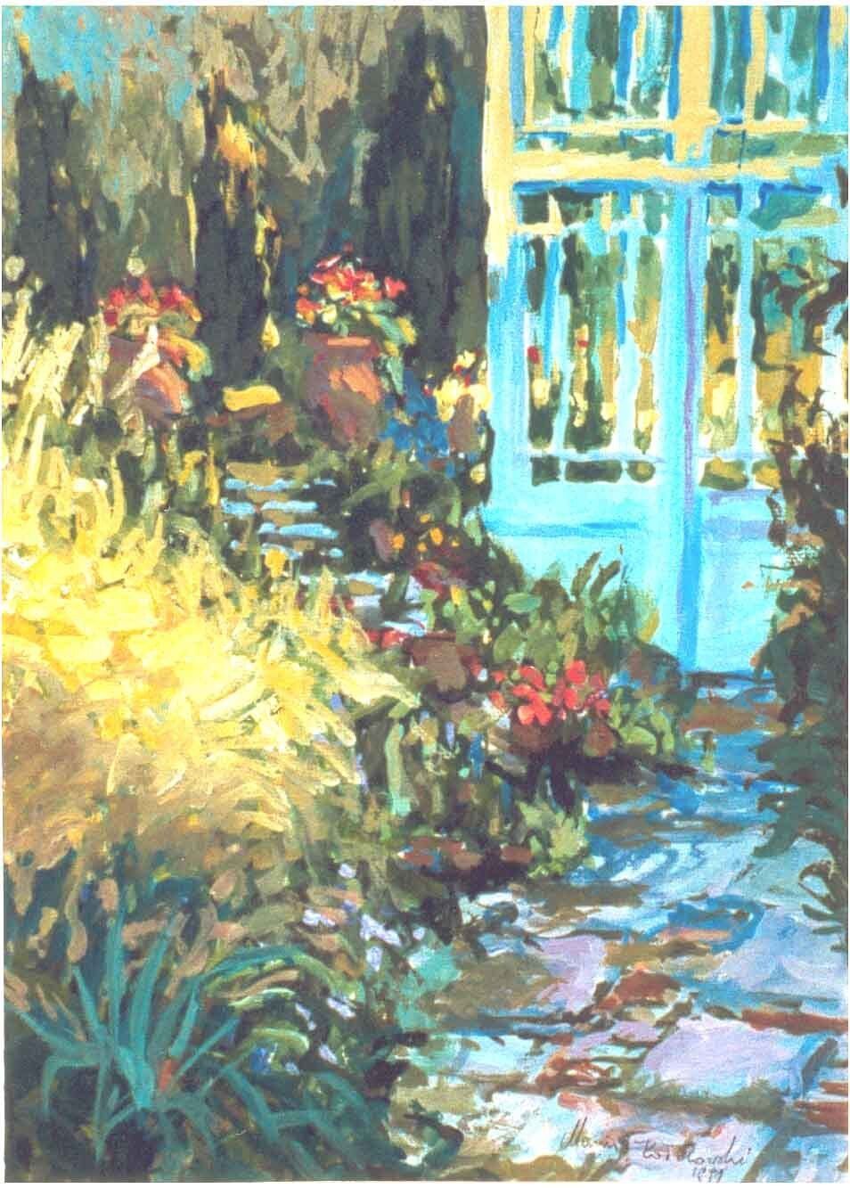 Painting of garden and conservatory painting by Mariusz Kaldowski