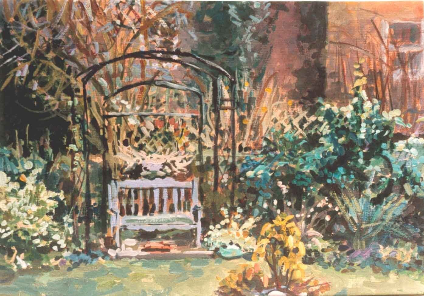 Figurative archive acrylic canvas painting of a garden pergola and bench by Mariusz Kaldowski